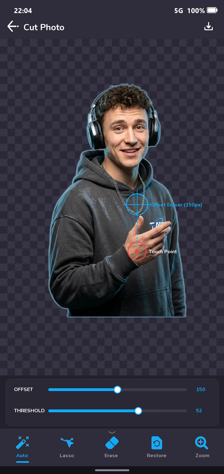 5-mode background removal eraser tool isolating subject with threshold control on Android
