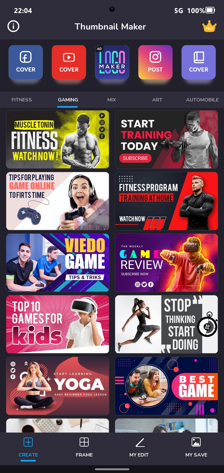 Ultimate Thumbnail Maker mobile app feed interface with trending templates